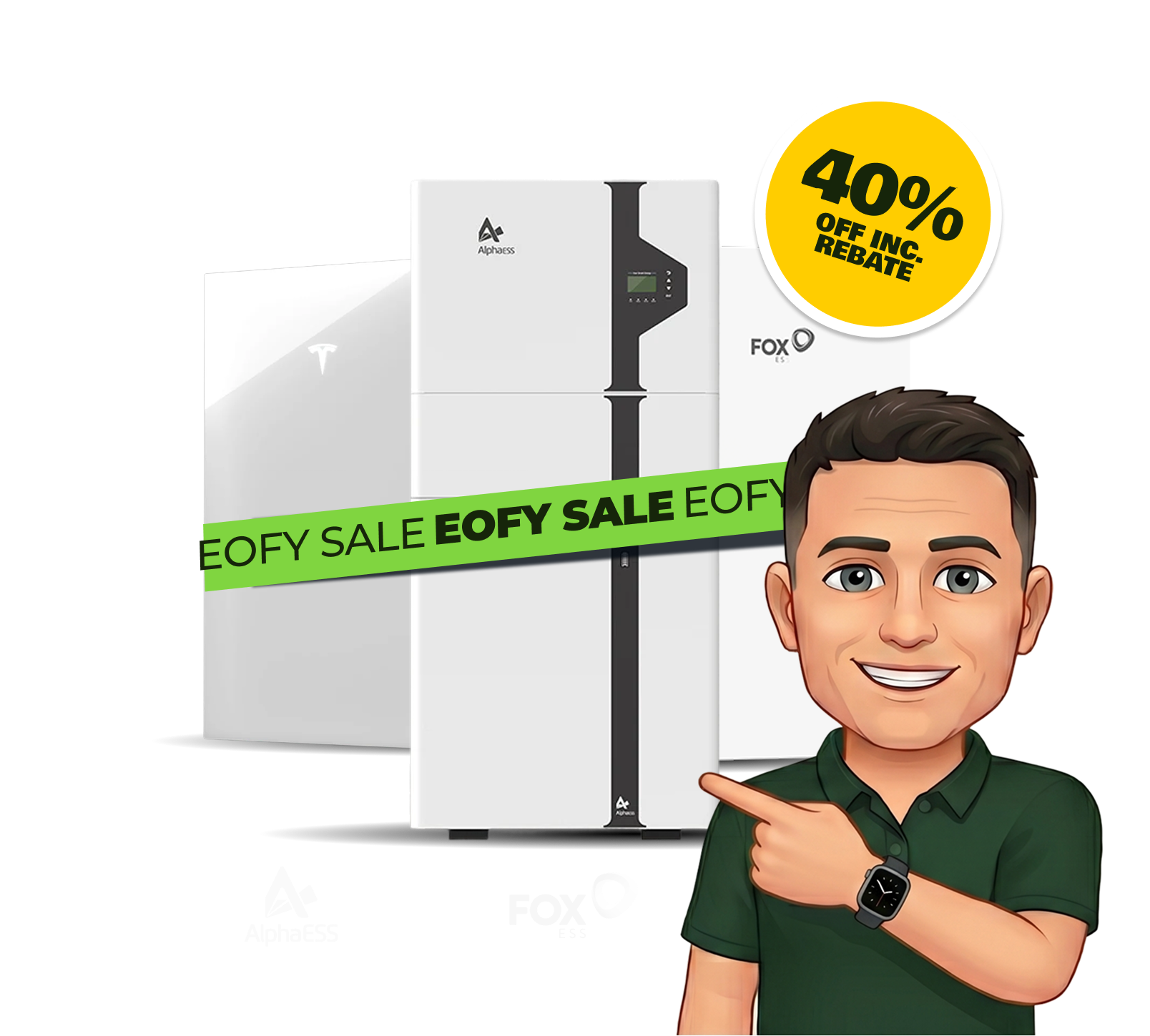 Stack of solar batteries (AlphaESS, Tesla & Fox) with a 40% off inc. rebate badge and our local Melbourne installer